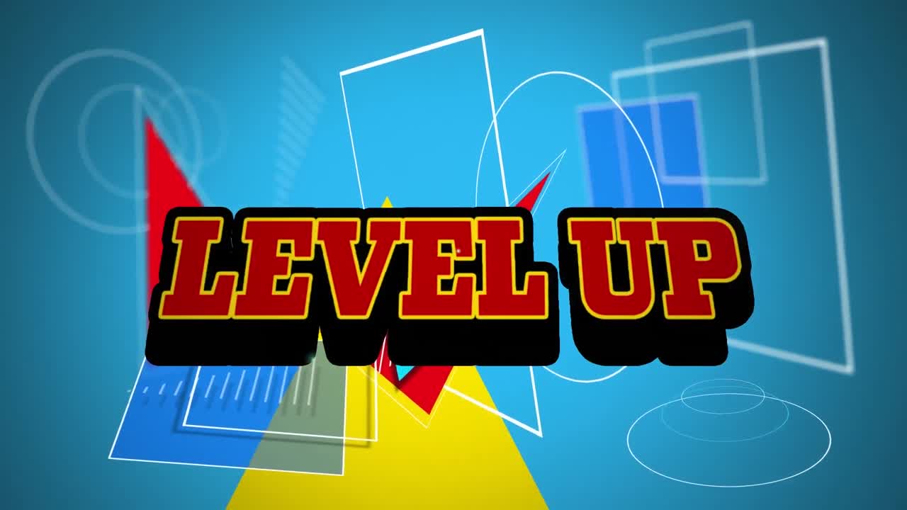 Animation of level up text over abstract shapes on blue background