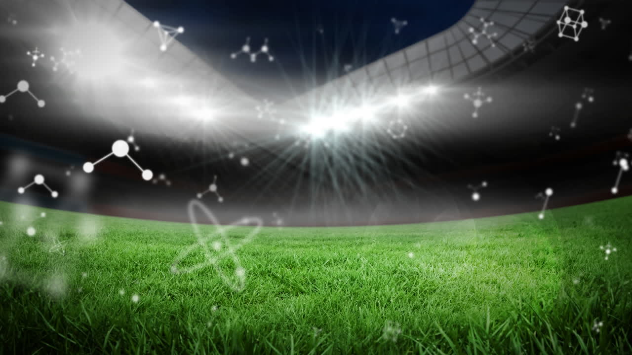 스타디움 위에서 회전하는 분자의 애니메이션