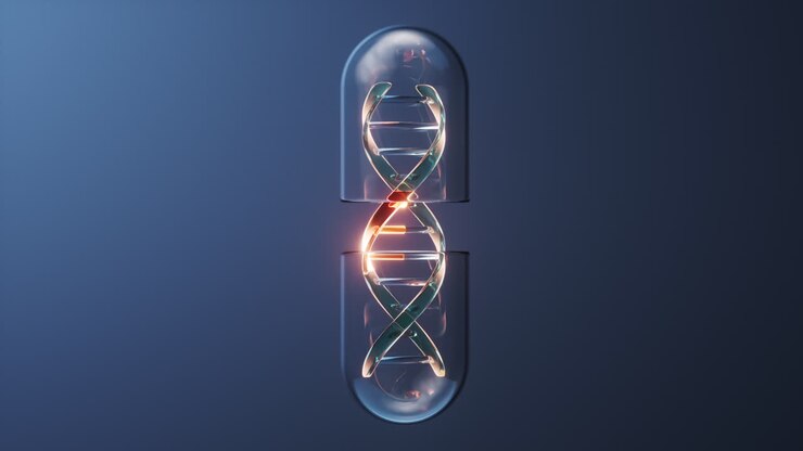 Capsula medica con DNA all'interno, rendering 3D
