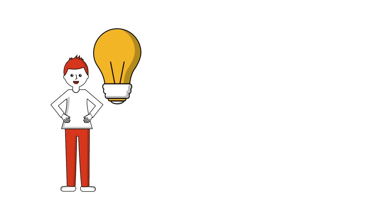hombre con las manos en la cintura hablando con la idea de la bombilla