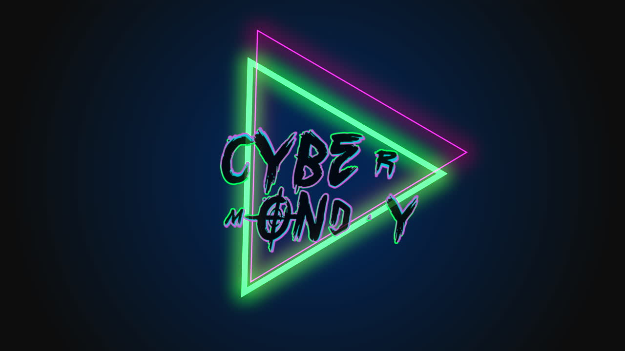 Cyber Monday Text mit Neondreiecken auf schwarzem Verlauf