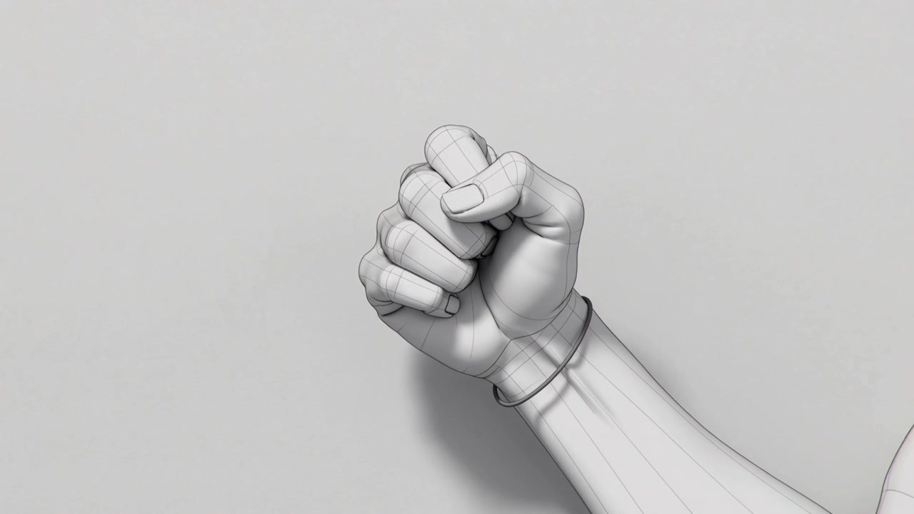 Camera pulling back, 3D model forearm rotating while revealing wristband for mesh review in studio