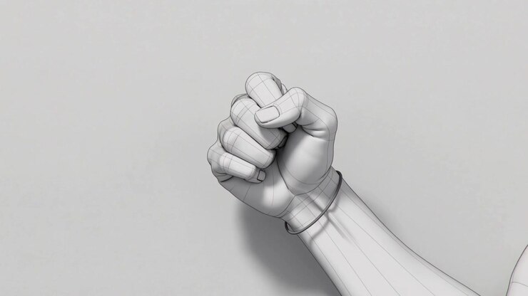 Camera pulling back, 3D model forearm rotating while revealing wristband for mesh review in studio