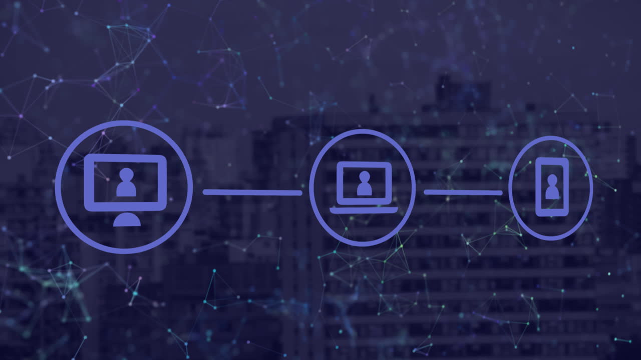 red de iconos de conexión contra el paisaje urbano