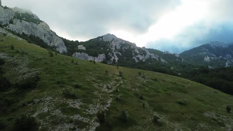 Aerial-view:-Field-towards-to-the-mountains-on-a-cloudy-morning