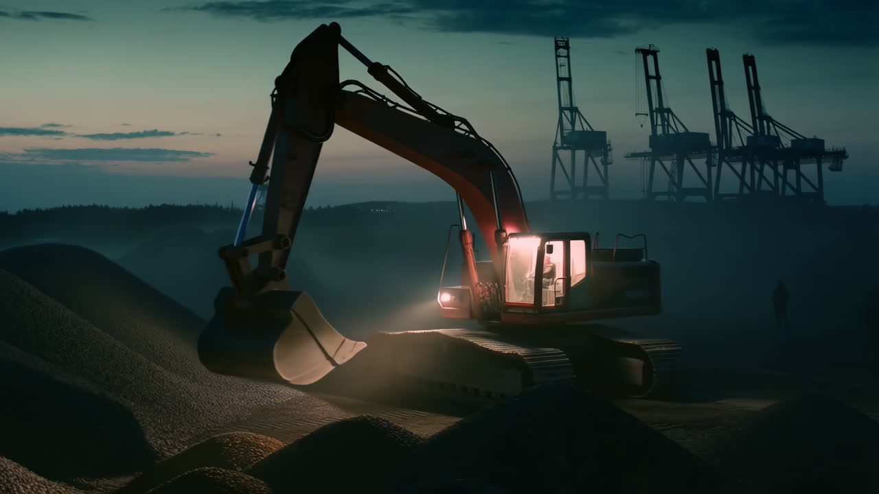 夕暮れ時、港のクレーンがある建設現場で作業するショベルカー