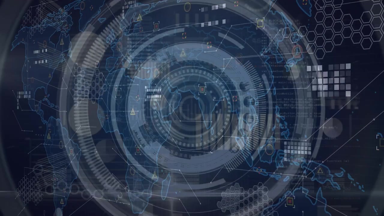Animation of scope scanning and world map on black background
