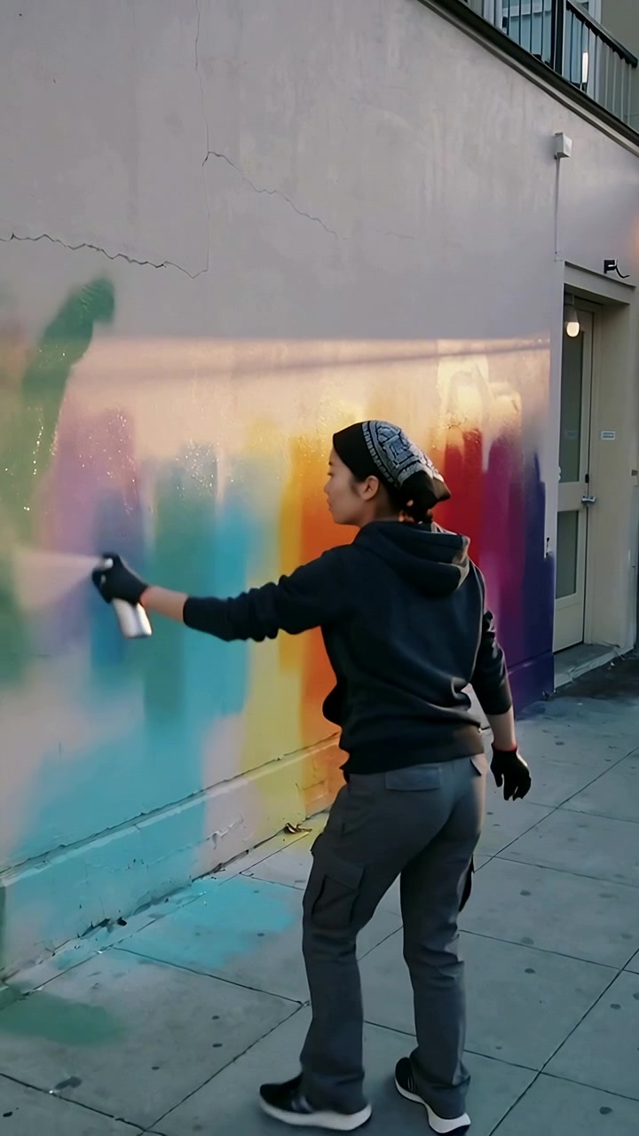 Video verticale: artista con felpa con cappuccio che spruzza vernice verde con una bomboletta su un muro di strada