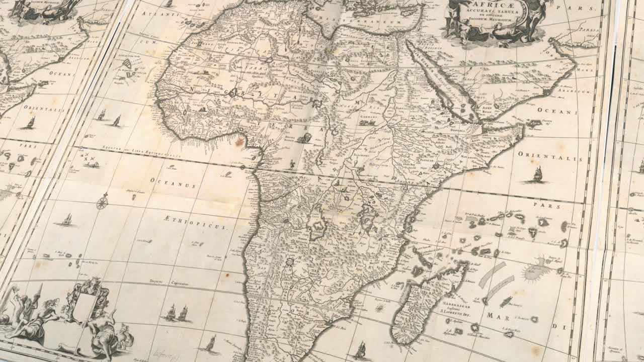 Old Latin-labeled map of Africa in gentle rotating motion