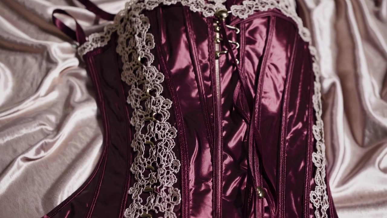 Elegante corsetto in raso bordeaux con bordo in pizzo su tessuto di seta