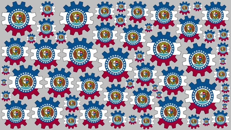 Missouri US state flag gears spinning background
