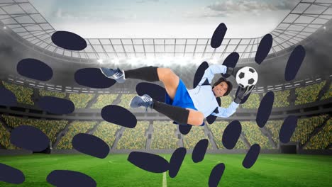 Animation-of-football-goalkeeper-with-ball-over-black-spots-and-sports-stadium