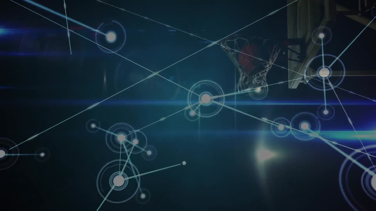 animación de redes de conexiones sobre el jugador de baloncesto masculino de raza mixta en el gimnasio