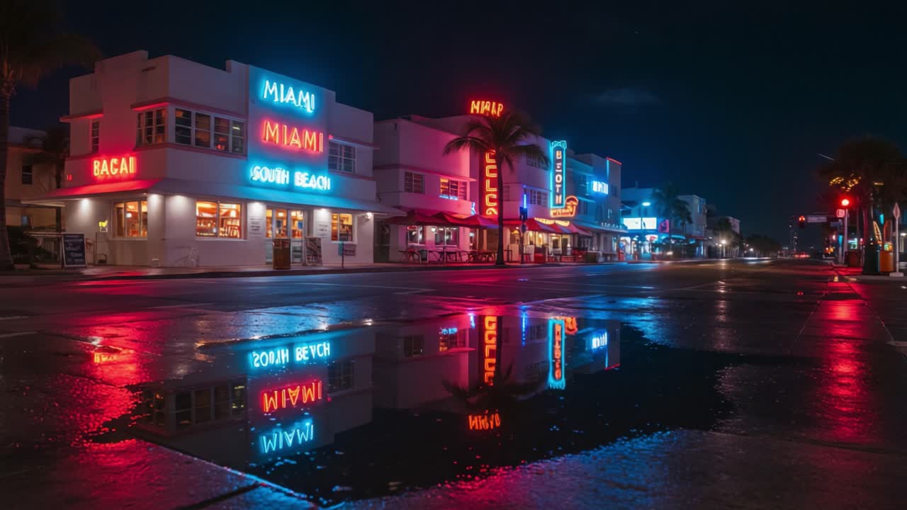 Vibrant Neon Reflections of Miami's South Beach at Night: A Showcase of Colorful Lights and Wet Streets in a City Famous for Its Nightlife and Cultural Atmosphere