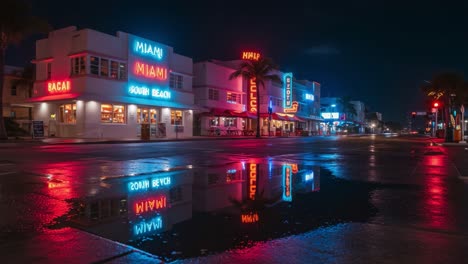 vibrant neon reflections of miami's south beach at night: a showcase of colorful lights and wet streets in a city famous for its nightlife and cultural atmosphere