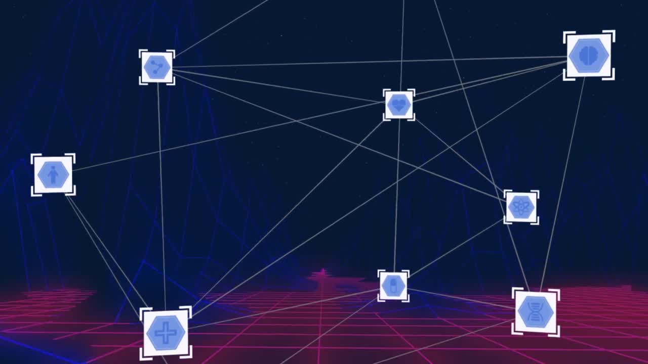 red de iconos digitales contra el metaverso 3d abstracto sobre fondo azul