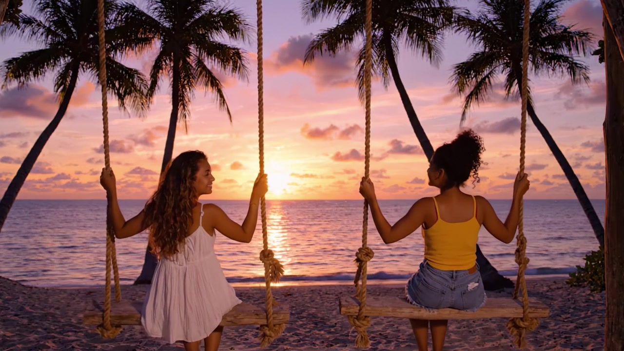 Two Friends Enjoying a Breathtaking Sunset on a Beach Swing, Surrounded by Palm Trees and the Calm Ocean Waves Reflecting the Vibrant Colors of Dusk