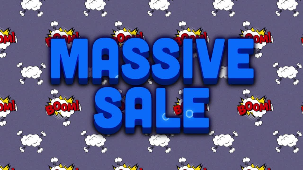 구름 위의  텍스트에 대항하여 다채로운 원형 패턴 위에 거대한 판매 텍스트의 애니메이션