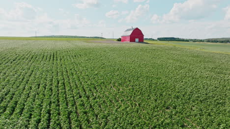 drone push forward of traditional red barn with crop rows in foreground