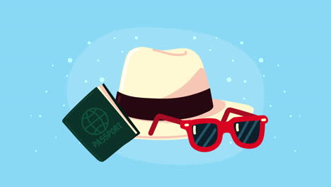 animación de buen viaje con sombrero e iconos
