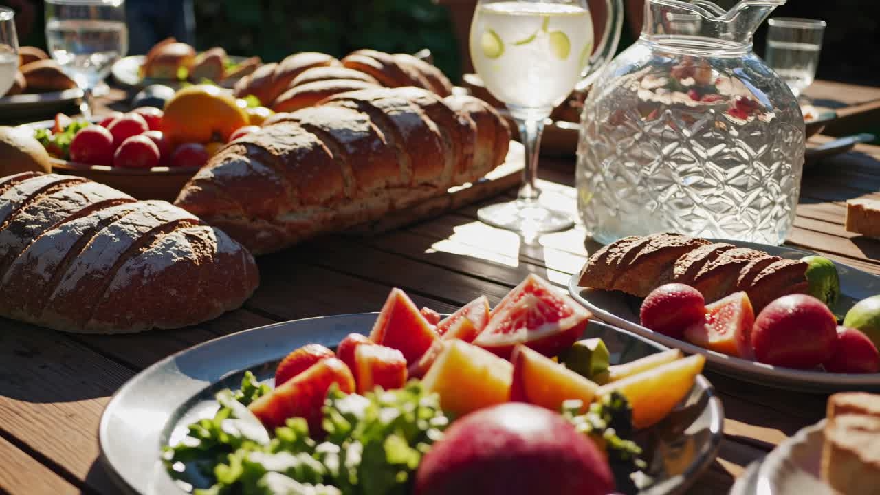 Outdoor picnic with fresh bread, fruits, and salad on a wooden table