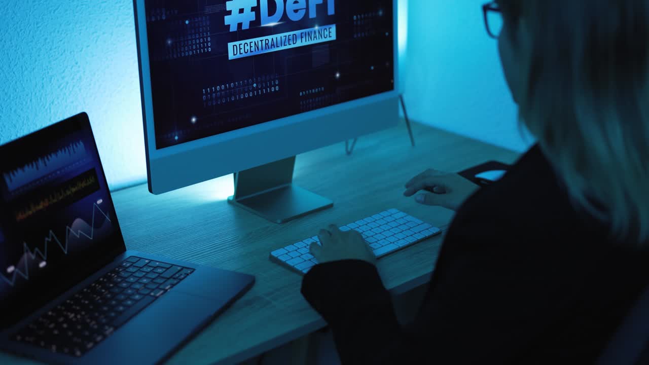 mujer comerciante que trabaja con tecnología de finanzas descentralizadas - nuevo concepto financiero alternativo