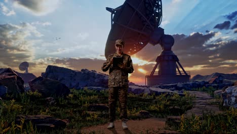 full body of asian man soldier using a tablet while standing with satellite dish