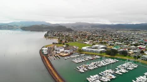 whitianga coastal town of new zealand and yacht marina, aerial view