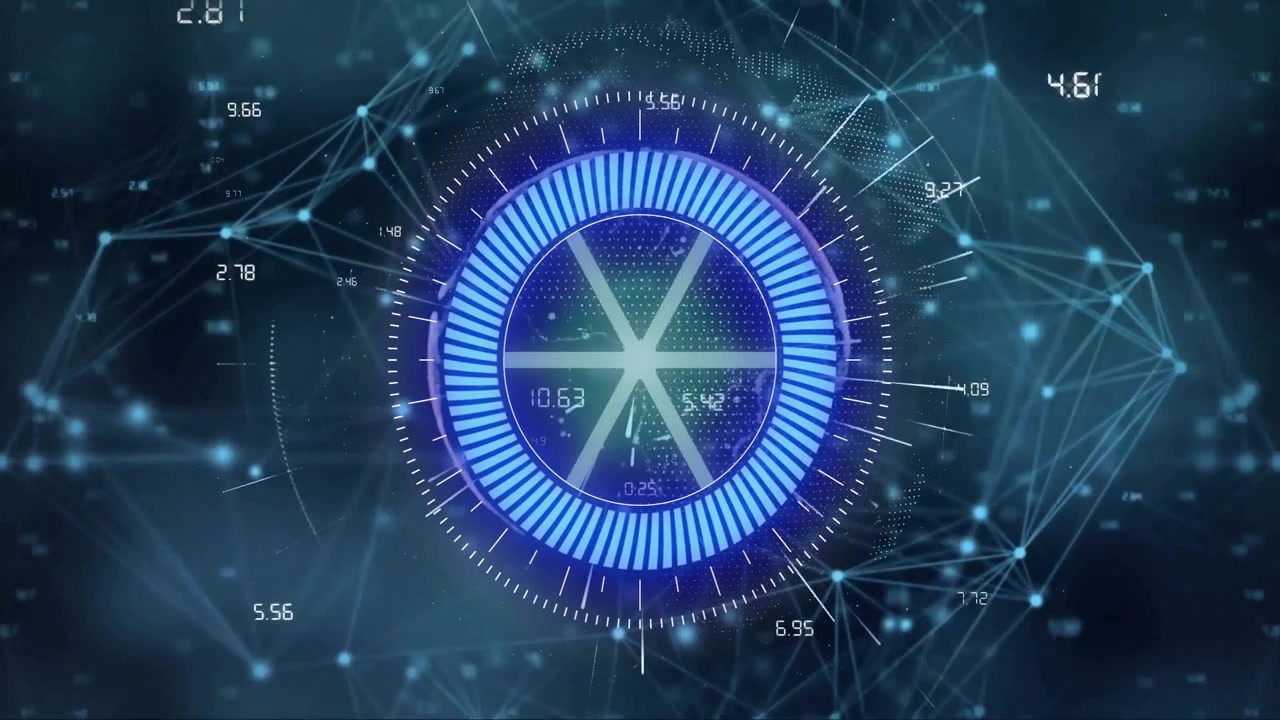 Bussola digitale e punti dati, animazione di navigazione futuristica su connessioni di rete.