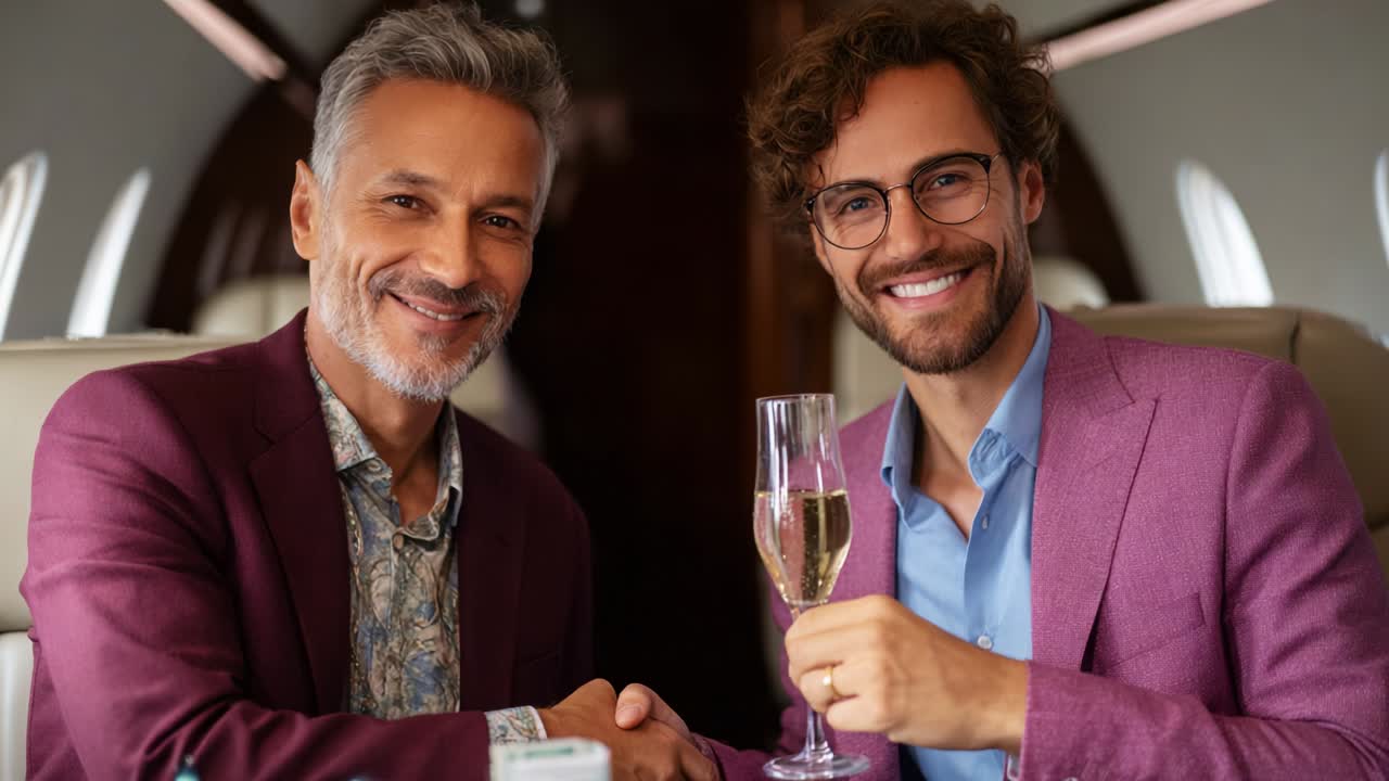 Two well-dressed men sharing a celebratory moment on a private jet, smiling and toasting with champagne while shaking hands, showcasing friendship and success in an elegant setting