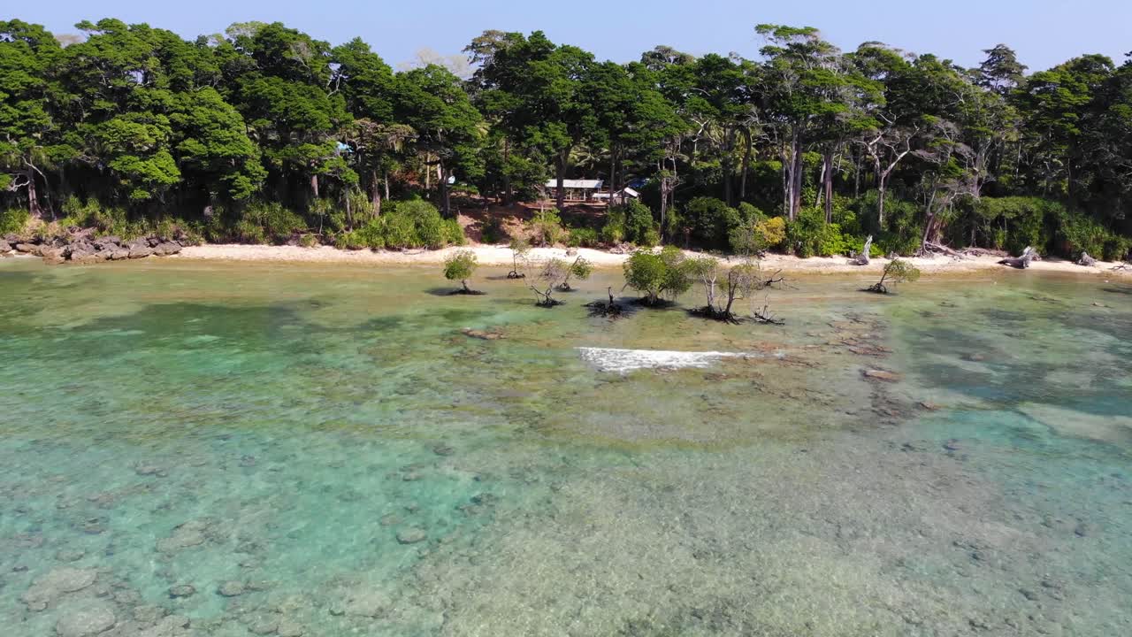 나무와 자연 고대 숲으로 가려진 멀리 있는 농가가 있는 안다만 섬의 외딴 섬 해변을 바라보며 바다 위로 드론을 쏘았습니다.
