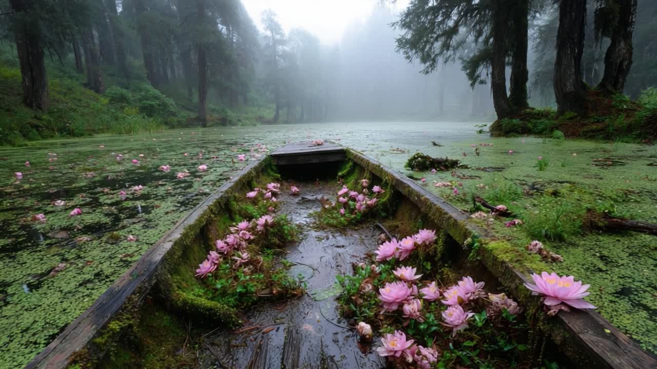 A Tranquil Scene of Nature: A Boat Overgrown with Lilies Amidst a Misty Forest Landscape Reflecting Serenity and Stillness in the Heart of a Foggy Environment