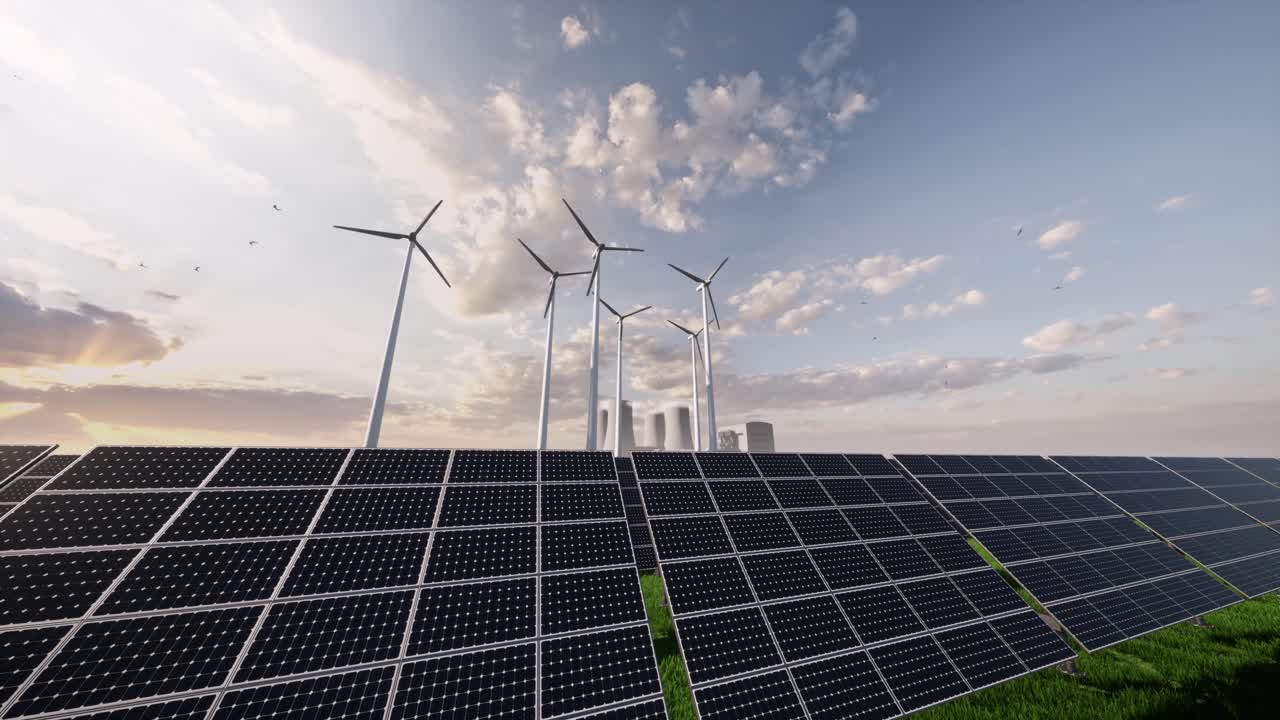 Renewable Energy Concept with Solar Panels and Wind Turbines