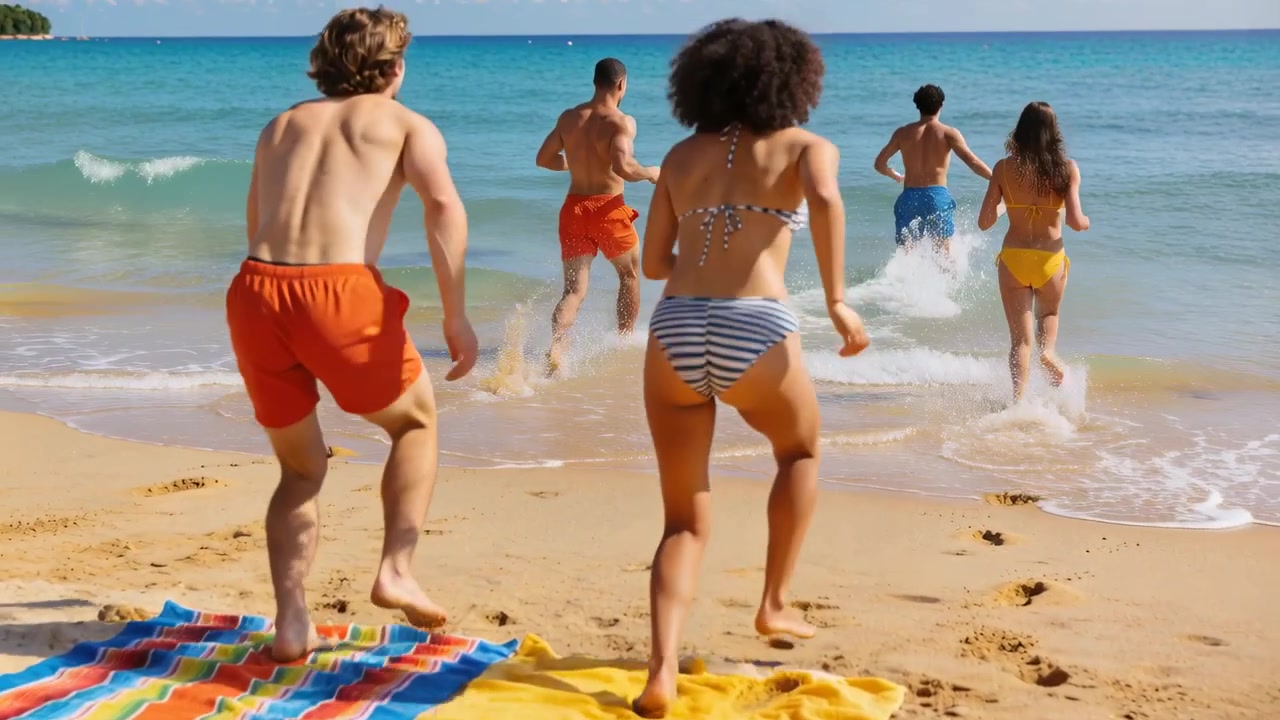 Vijf vrienden zien anderen rennen, staan op van hun handdoeken en rennen in badkleding de branding in op het strand.