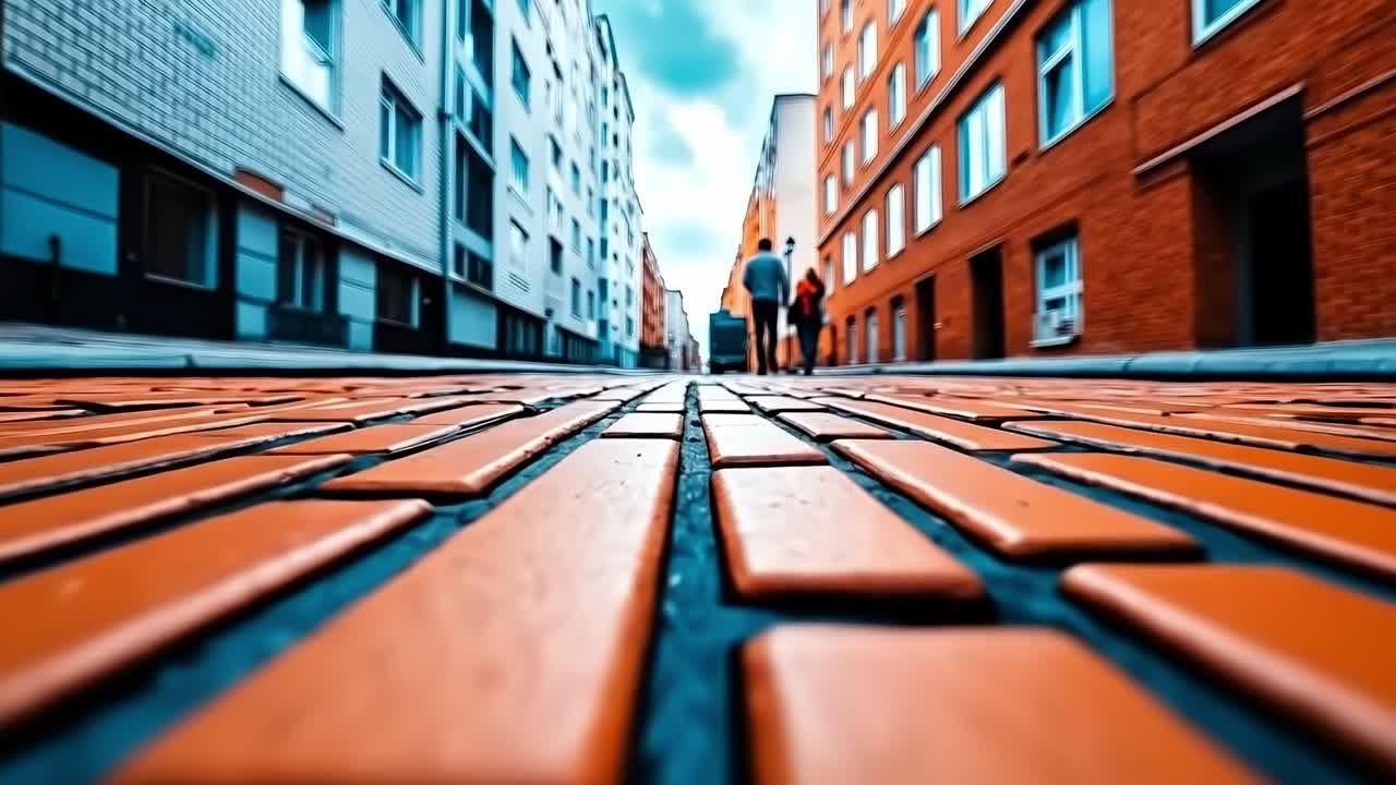 A couple of people walking down a brick walkway in a city