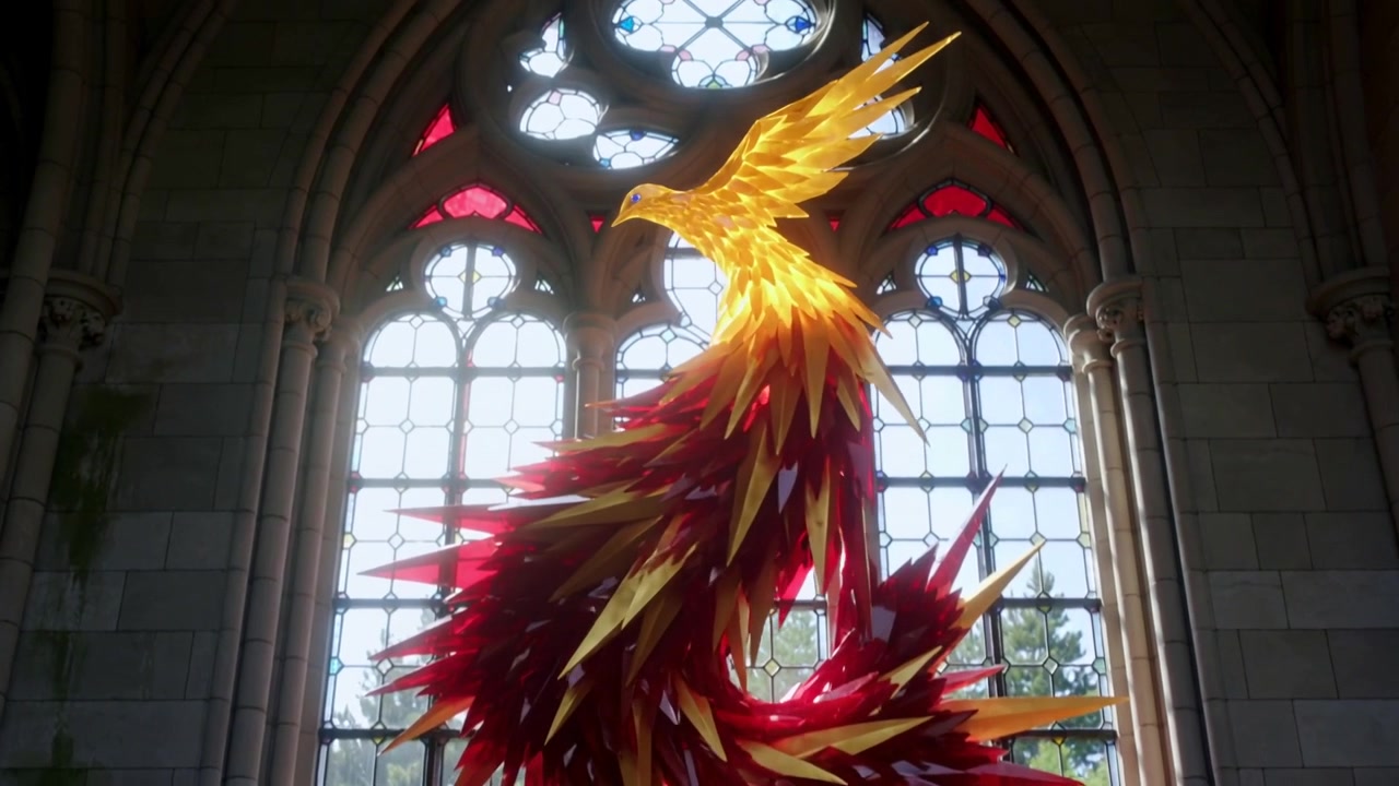 Attrezzatura di sollevamento che innalza una scultura piumata rosso-oro, formando la sagoma di un uccello in volo nella finestra di una sala in pietra.
