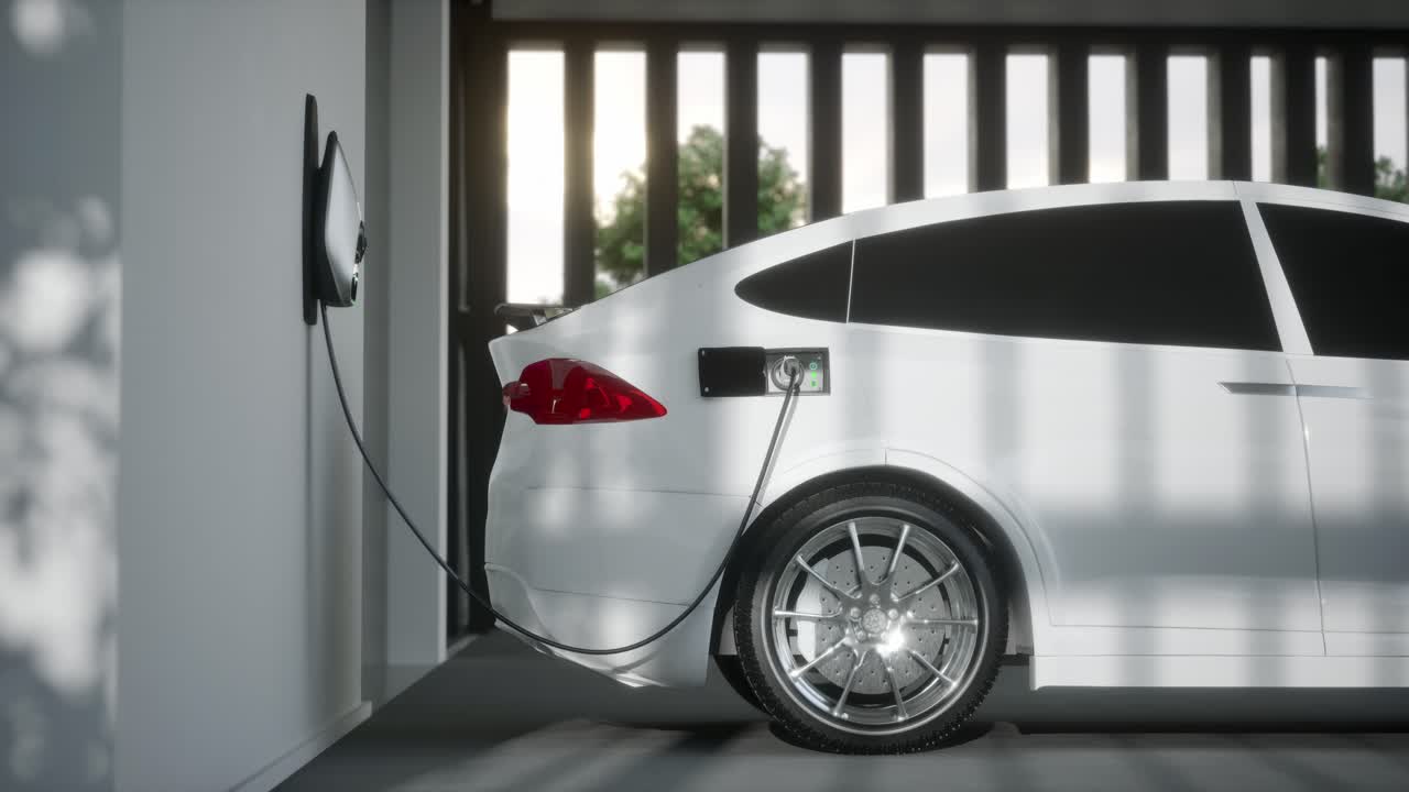 차고에서 전기 자동차 suv 충전 3d 애니메이션