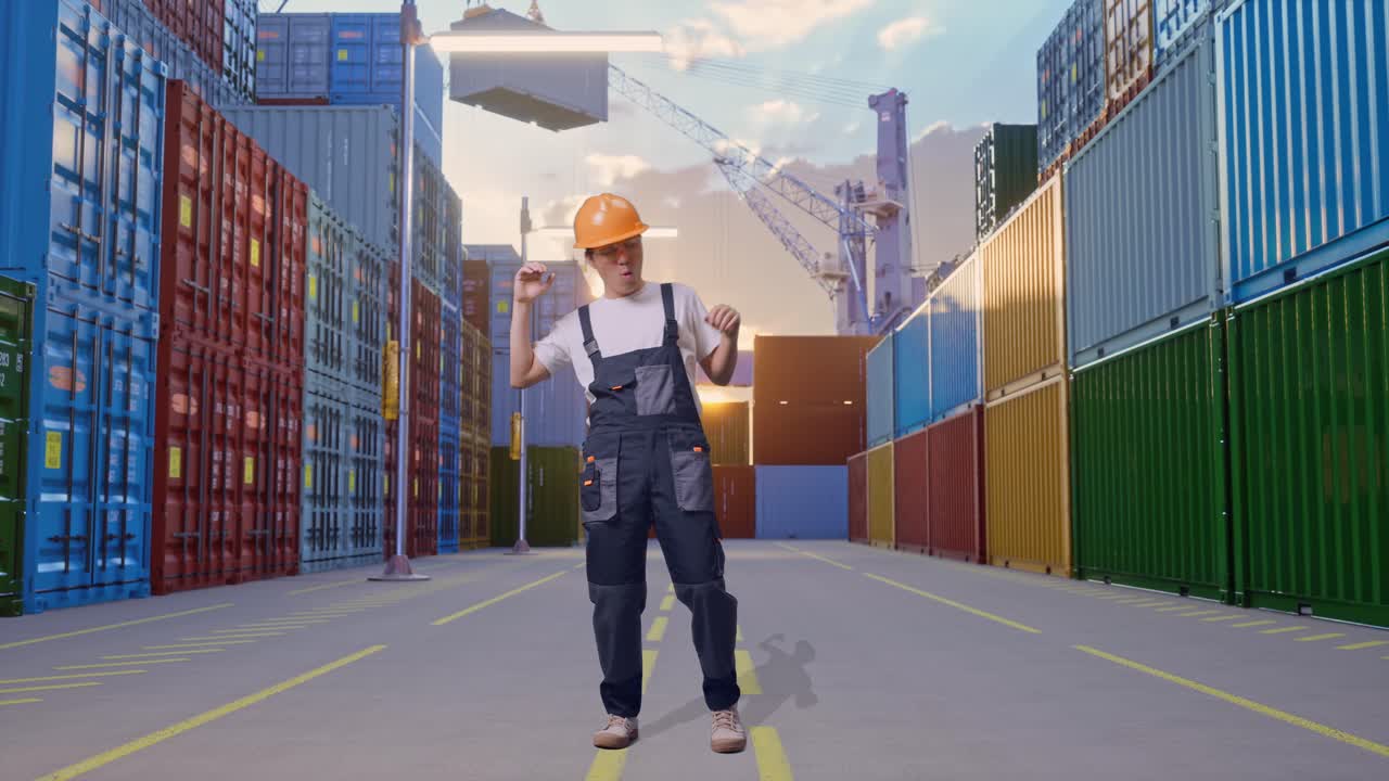 Full Body Of Asian Man Worker Wearing Goggles And Safety Helmet Dancing While Standing At Container Yard Warehouse