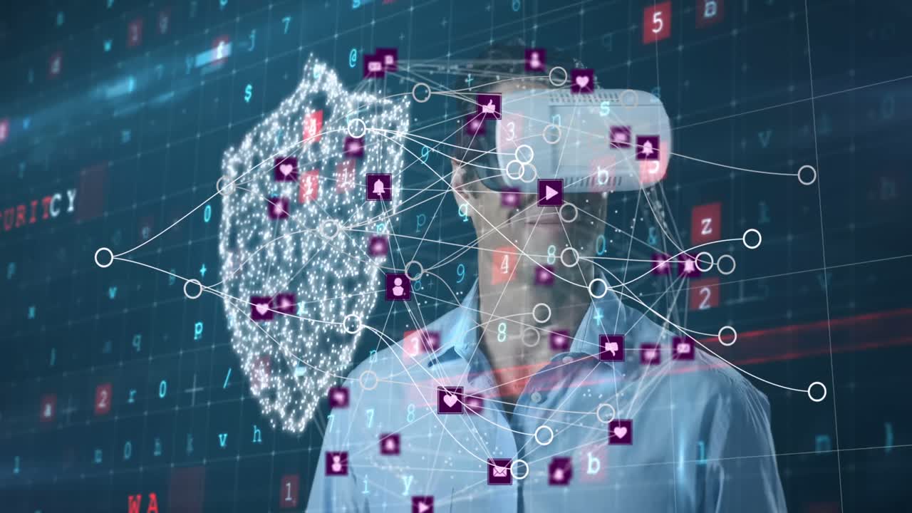 animación de las conexiones sobre el hombre caucásico en auriculares vr y candado digital
