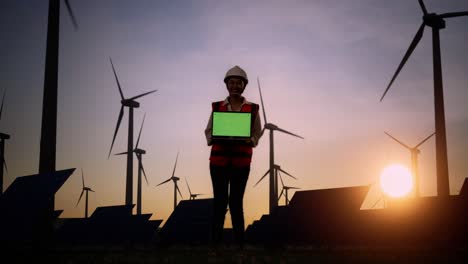 cuerpo lleno de ingeniera asiática en un casco de pie frente a las turbinas eólicas girando al atardecer, sonriendo y mostrando la pantalla verde portátil a la cámara