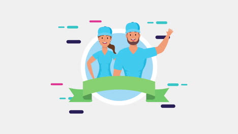 logistic couple workers with ribbon frame