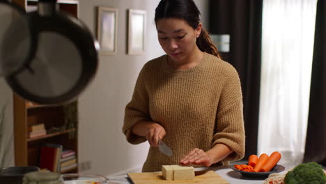 가정에서 부에서 건강한 채식주의자 또는 채식주의자의 식사를 준비하고 칼로 토푸를 잘라내고 있습니다.