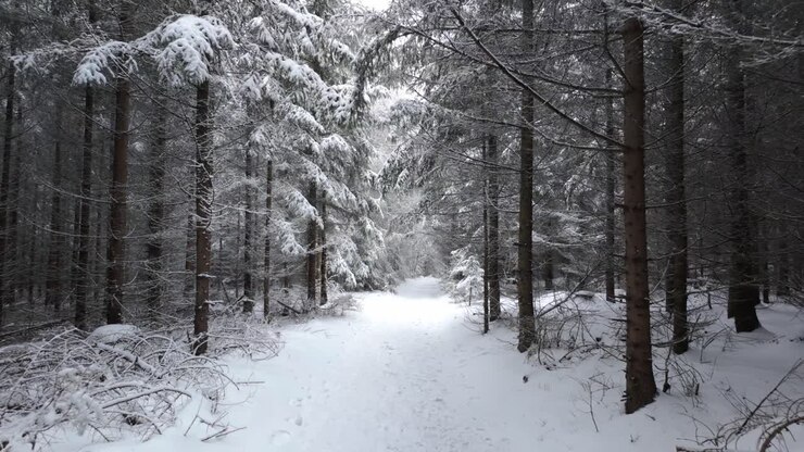 Walking along a snowy path in winter forest with high conifers. Calm outdoor scene surrounded by tall trees and snow