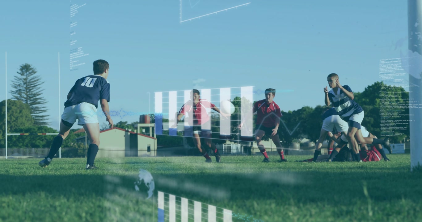 Vertical video: Ruck forming, navy #10 moving to support on pitch, seeking rugby ball, HUD