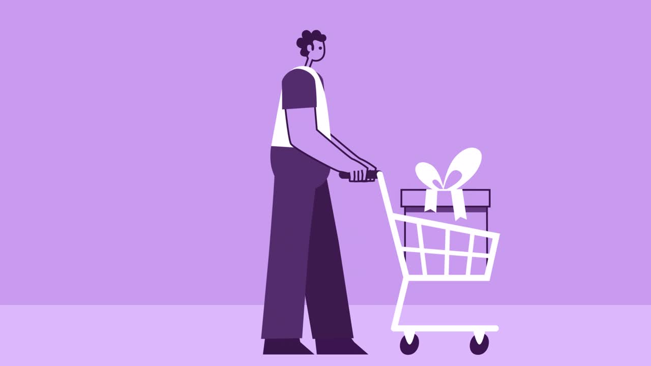 hombre de estilo púrpura personaje plano caminando con caja de regalos en el carrito de compras. animación de bucle aislado