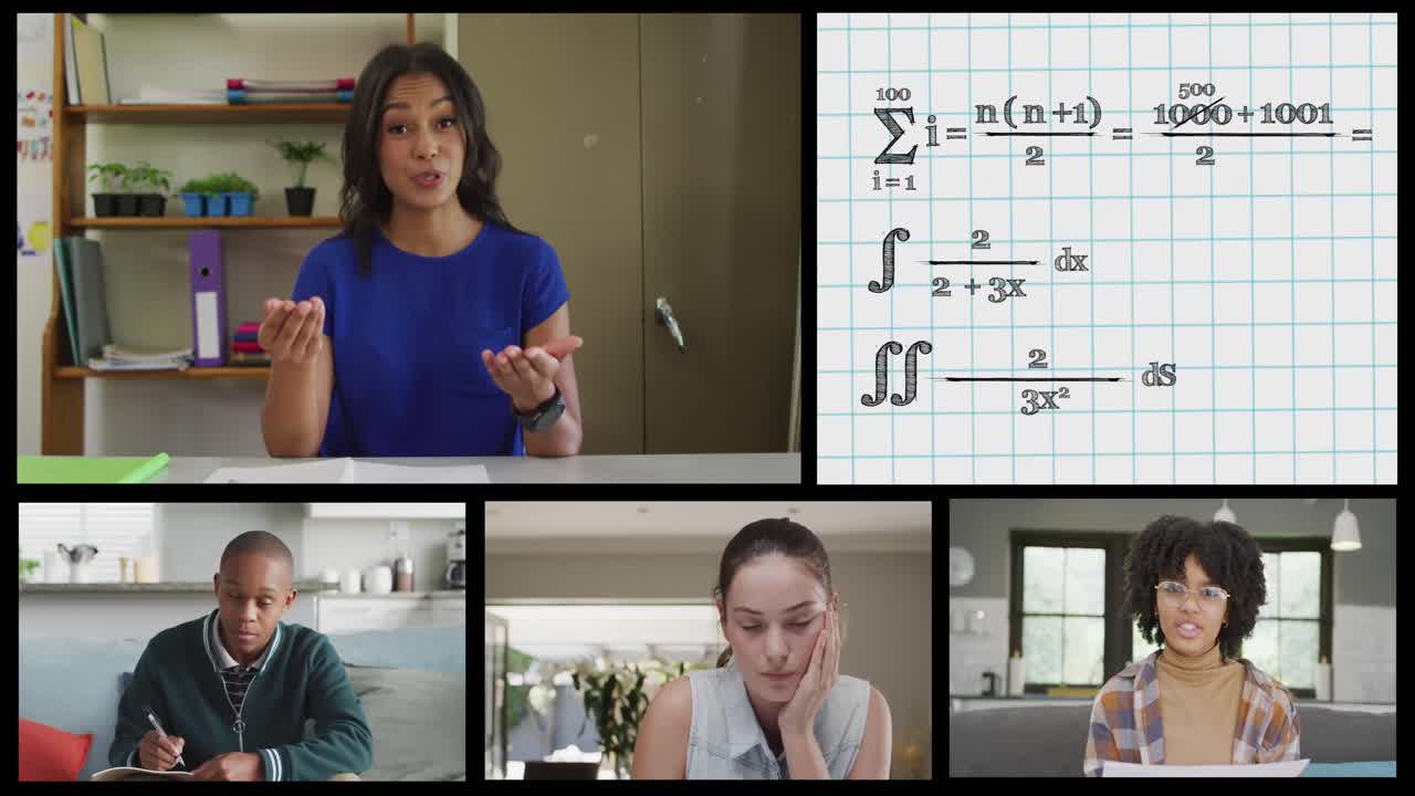 pantallas con llamadas en línea de diversas maestras, estudiantes y matemáticas formales