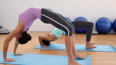 fit women doing yoga together in studio