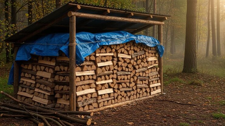 A Rustic Wood Storage Shelter in a Serene Forest Setting, Showcasing Neatly Stacked Logs Covered by a Blue Tarp Under Gentle Morning Light