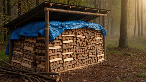 a rustic wood storage shelter in a serene forest setting, showcasing neatly stacked logs covered by a blue tarp under gentle morning light