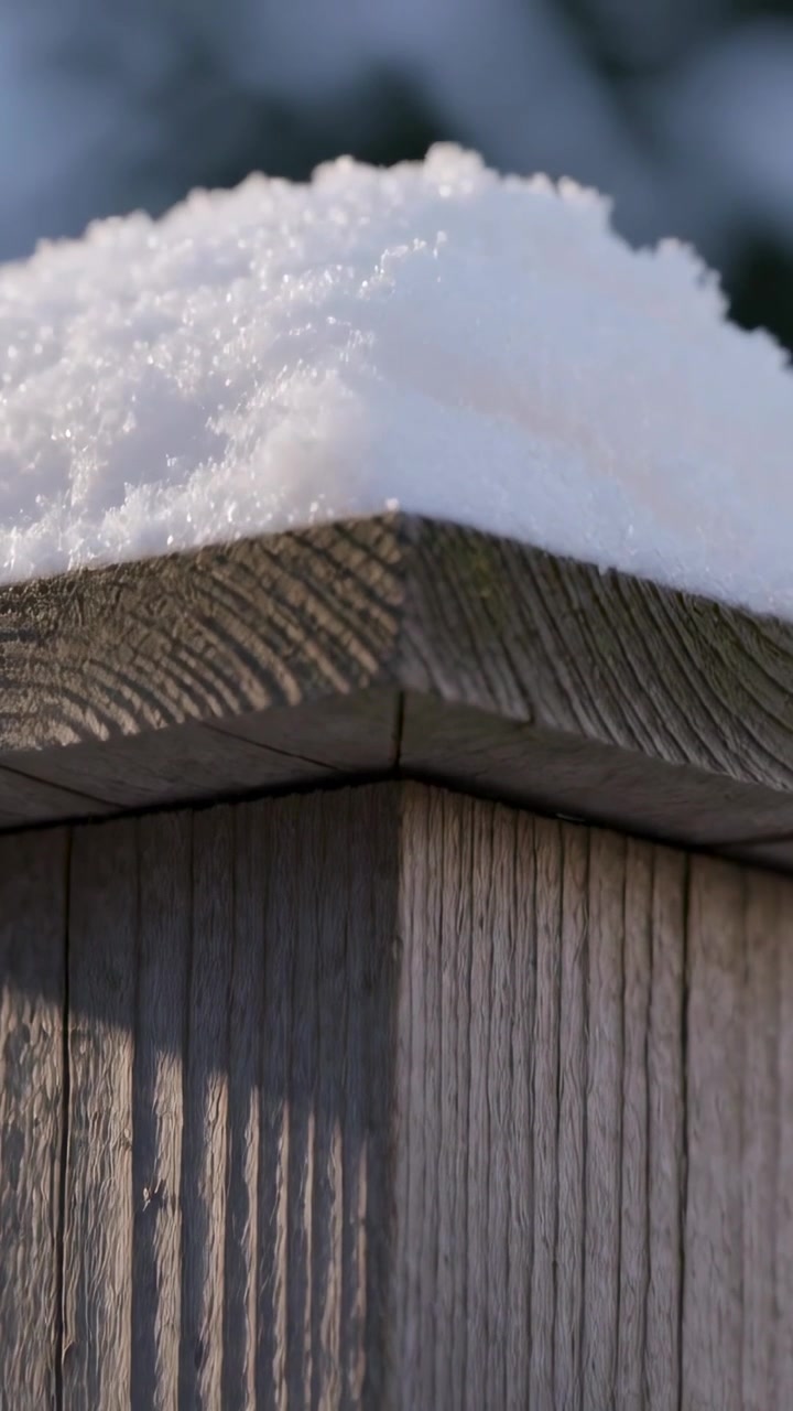 Vertical video: Glistening wooden fence corner catching sunlight in backyard, snow cap sparkling